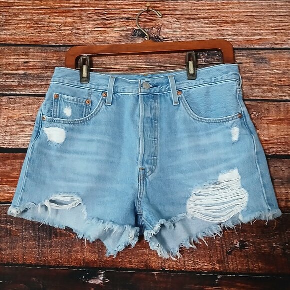 Levis 501 Original Jean Shorts Size 8 Cut Offs Button Fly High Rise Distressed - Picture 3 of 8